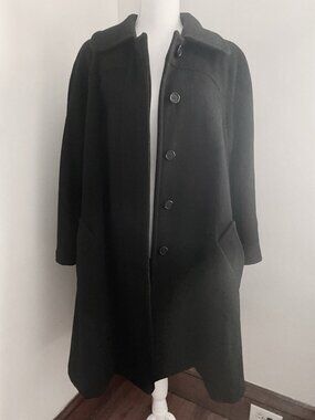 KASPER 100% Wool Black Winter Pea Coat Overcoat Vintage 1960s